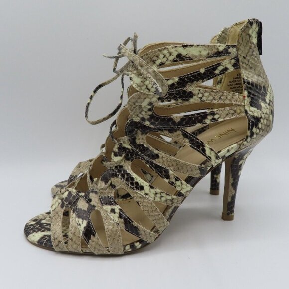 Nine West Women 8.5 M AMBROSEO Snakeskin Print Cage Cut Out Lace Up High Heels - Picture 5 of 10